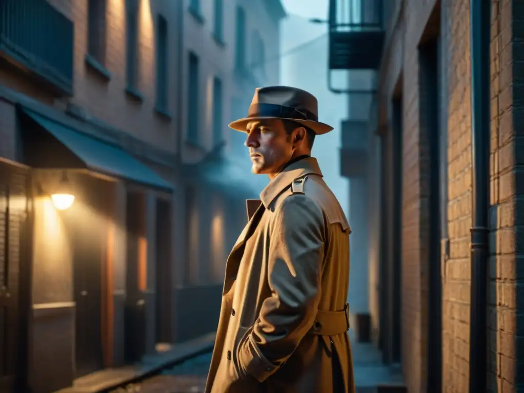 Enigmático detective en un callejón oscuro, observando a una figura sombría