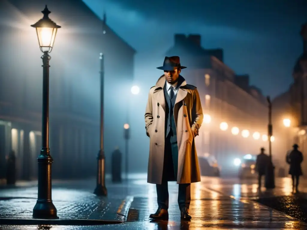 Un enigmático detective de ciberdelitos, bajo una farola en la lluvia, evocando el mundo de la investigación noir