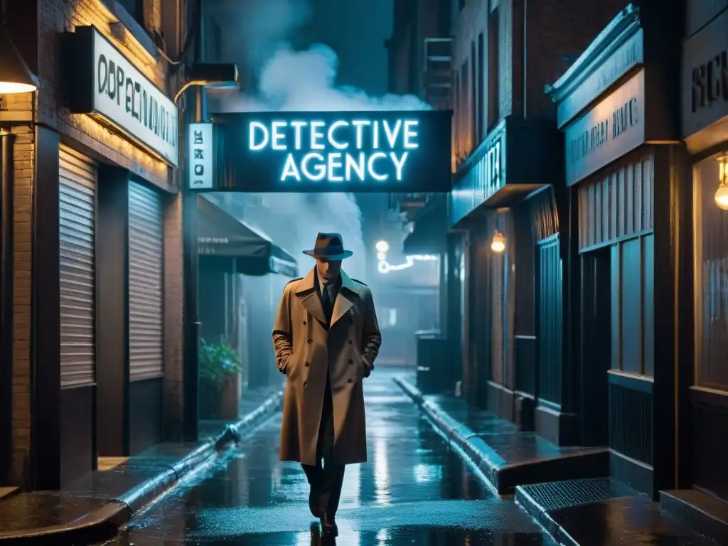 Un enigmático detective de cine y televisión bajo un letrero de 'Detective Agency' en un callejón oscuro y lluvioso