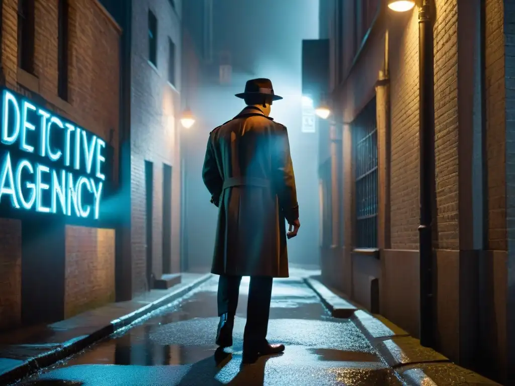 Enigmático detective étnico en callejón oscuro con letrero de 'Detective Agency'