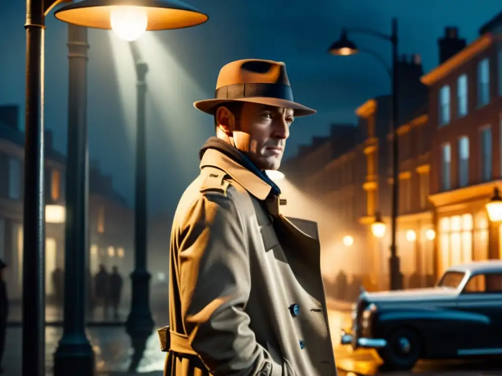 Detective misterioso bajo la lluvia y la intriga nocturna Enigmático detective bajo farola en noche lluviosa
