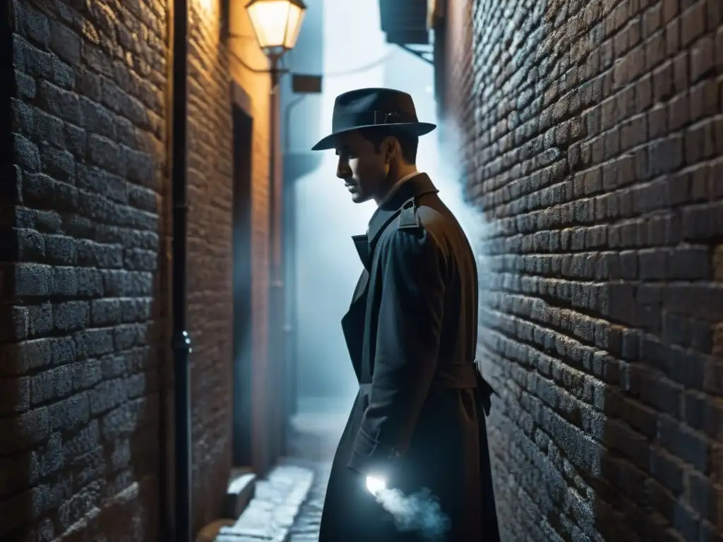 Enigmático detective bajo la luz de la farola en un callejón oscuro en blanco y negro, evocando la restauración cine noir detectives