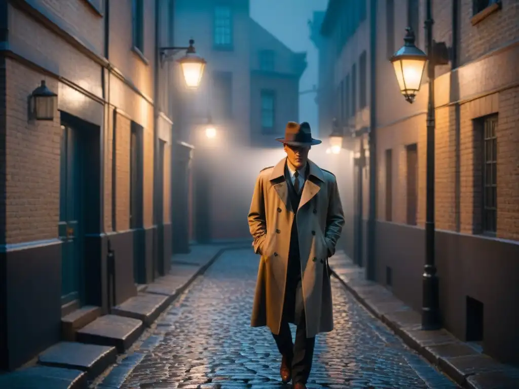 Enigmático detective bajo la luz de la farola en un callejón brumoso