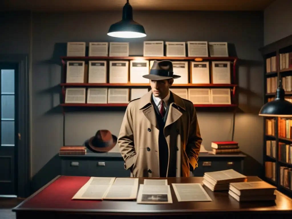 Enigmático detective en la penumbra junto al tablero de investigación, evocando el método de investigación de Miss Marple