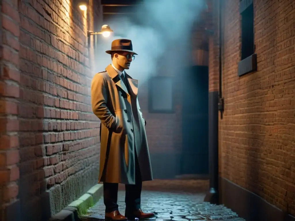 Enigmático detective examina pista en callejón oscuro