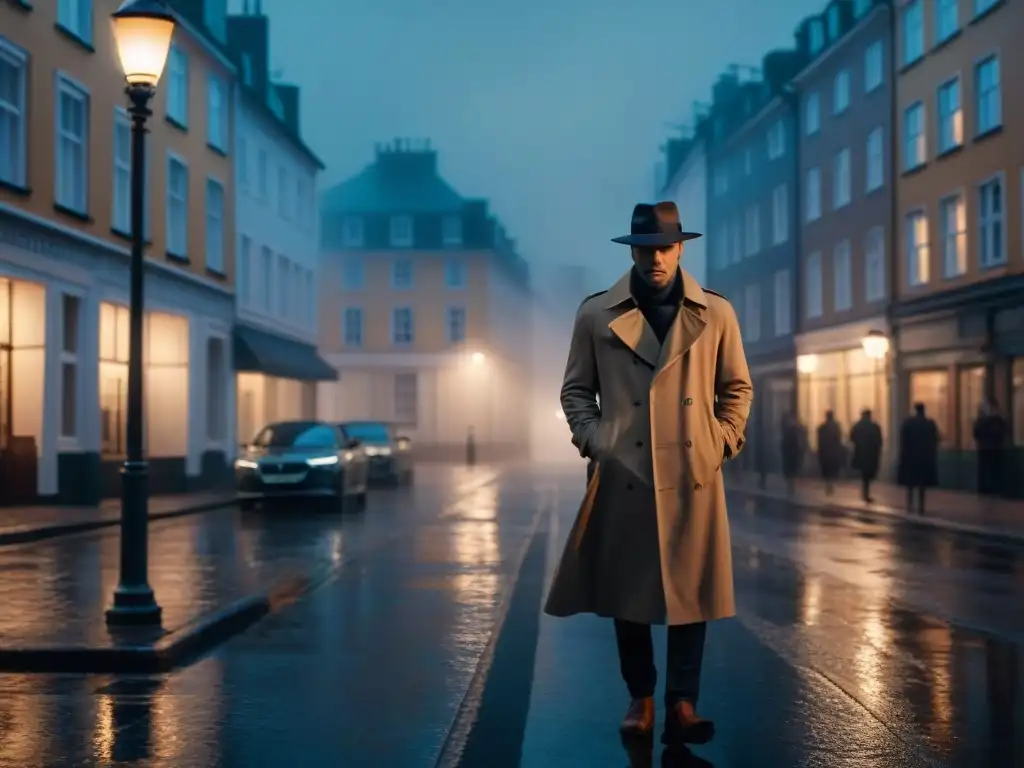 Intrigante figura en calle escandinava de noche, ambiente de Film Noir Enigmático escenario nocturno en una ciudad escandinava, con niebla alrededor de una figura solitaria bajo una farola parpadeante