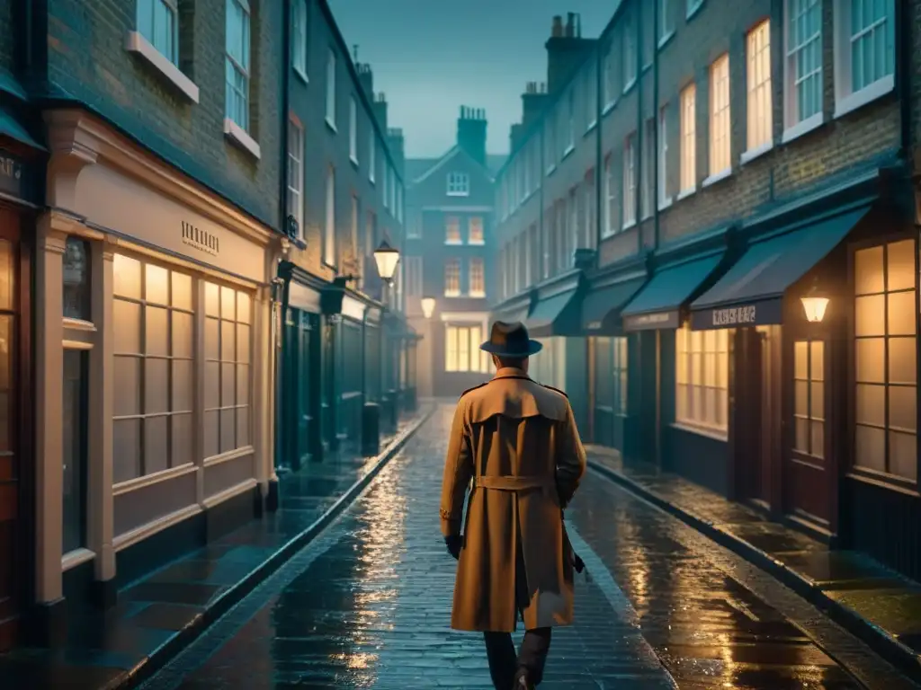 Enigmático callejón de Londres de noche, iluminado por farol titilante