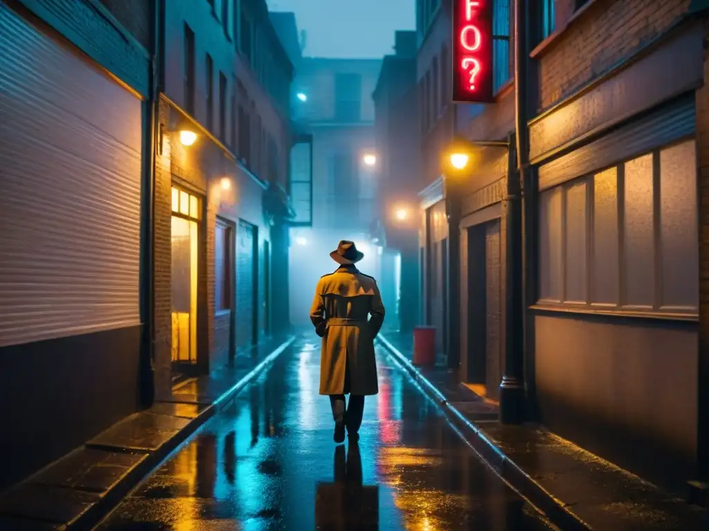 Enigmático callejón de noche lluviosa, iluminado por neón