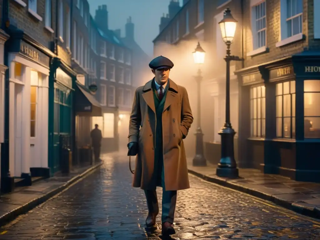 Enigmático Sherlock Holmes en Londres de noche, entre la neblina y sombras, capturando ciudades icónicas en historias detectives