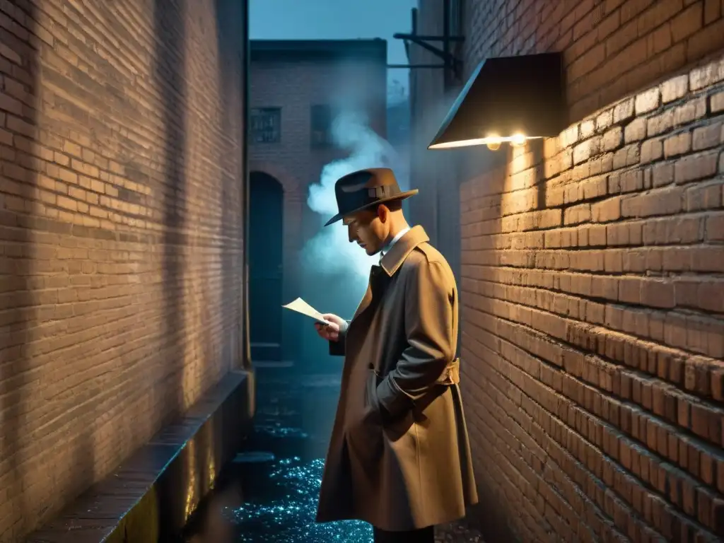 Detective en misterioso callejón nocturno Enigmático detective examina nota en callejón nocturno de producción cinematográfica impacto género misterio
