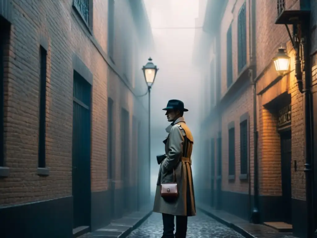 Enigmático personaje en un callejón brumoso, evocando la estética de Film Noir