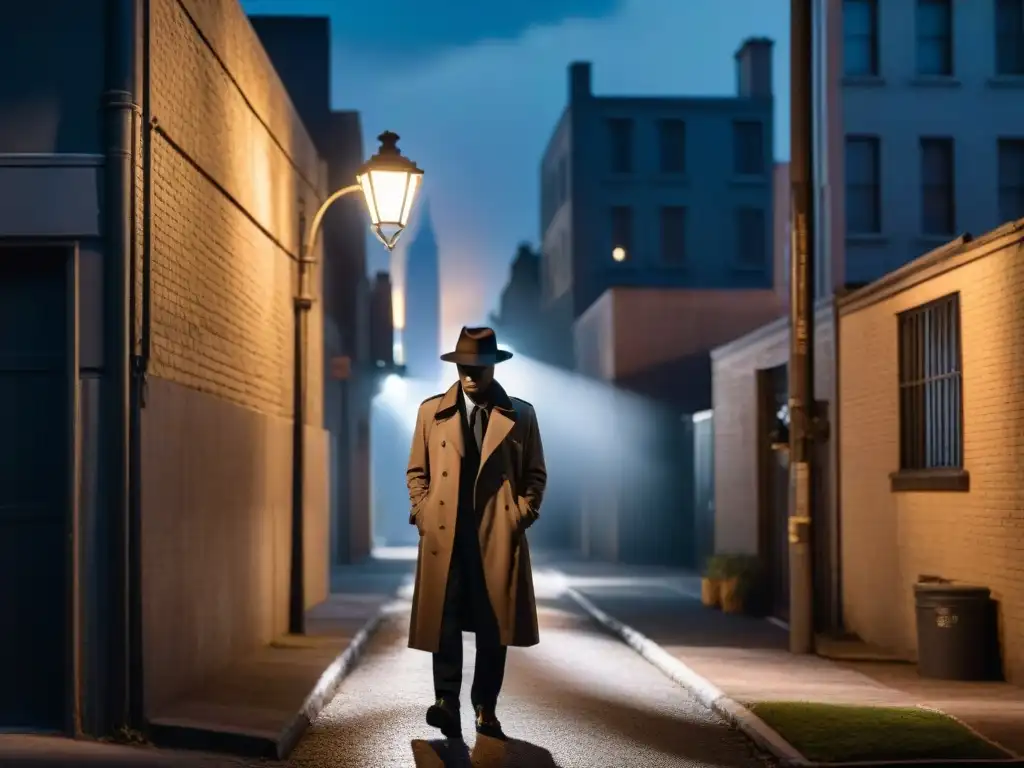 Enigmático personaje en callejón oscuro, sombrero y gabardina, bajo farola