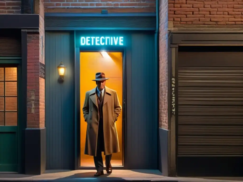 Entrada misteriosa de oficina de detectives con ambiente de cine negro, destacando 'Merchandising especial 'Columbo' detectives'