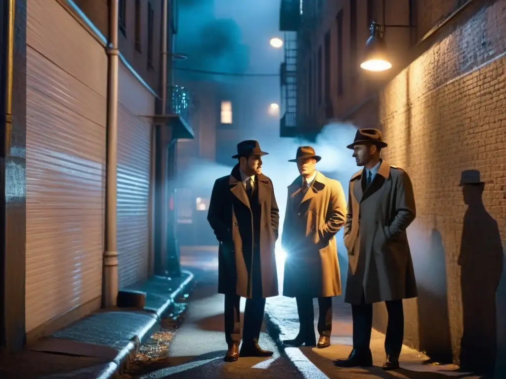 Equipo de detectives en pantalla investigando pistas en un callejón oscuro de la ciudad, en estilo film noir