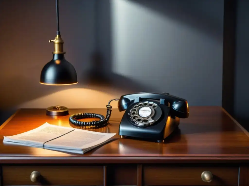 Escapada en Escape Rooms de Misterio Tecnológicos: viejo teléfono y máquina de escribir en habitación sombría en blanco y negro