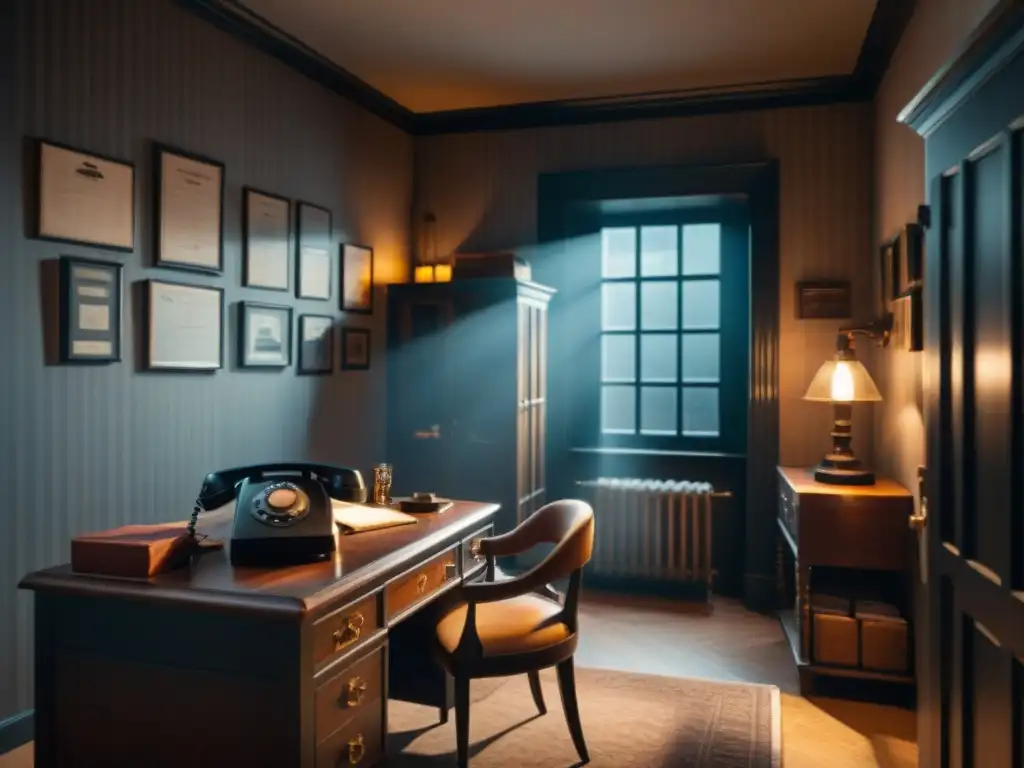 Escape Room de misterio con ambiente noir: oficina de detective vintage, teléfono antiguo, archivos y lupa