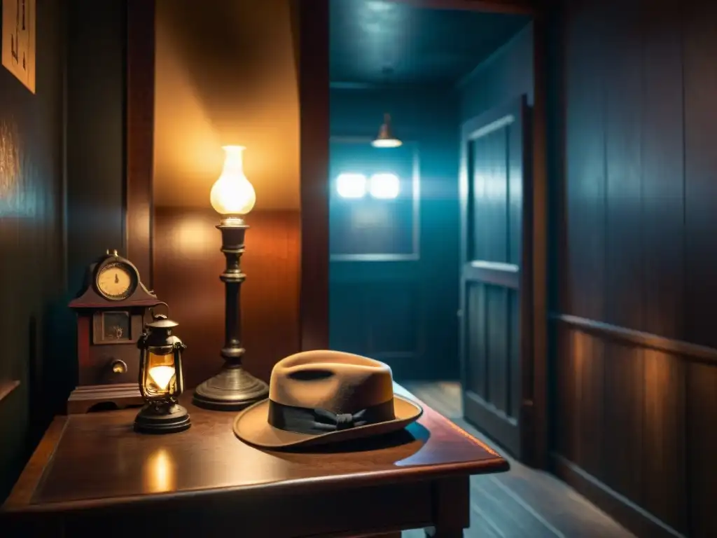 Un escape room de misterio con muebles vintage, luz de velas y sombras inquietantes