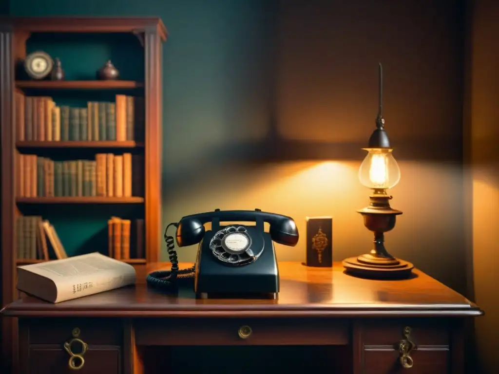 Escape Rooms de Misterio Mundo: Una habitación en penumbra de estilo vintage con sombras dramáticas, detalles intrigantes y un ambiente de suspense