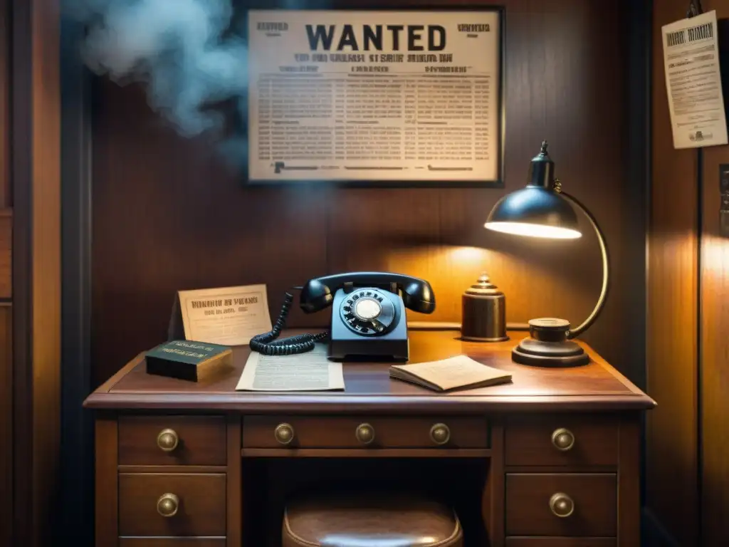 Escape room de misterio en oficina de detective de los años 40, con escritorio vintage, teléfono antiguo y ambiente de intriga con humo y sombras