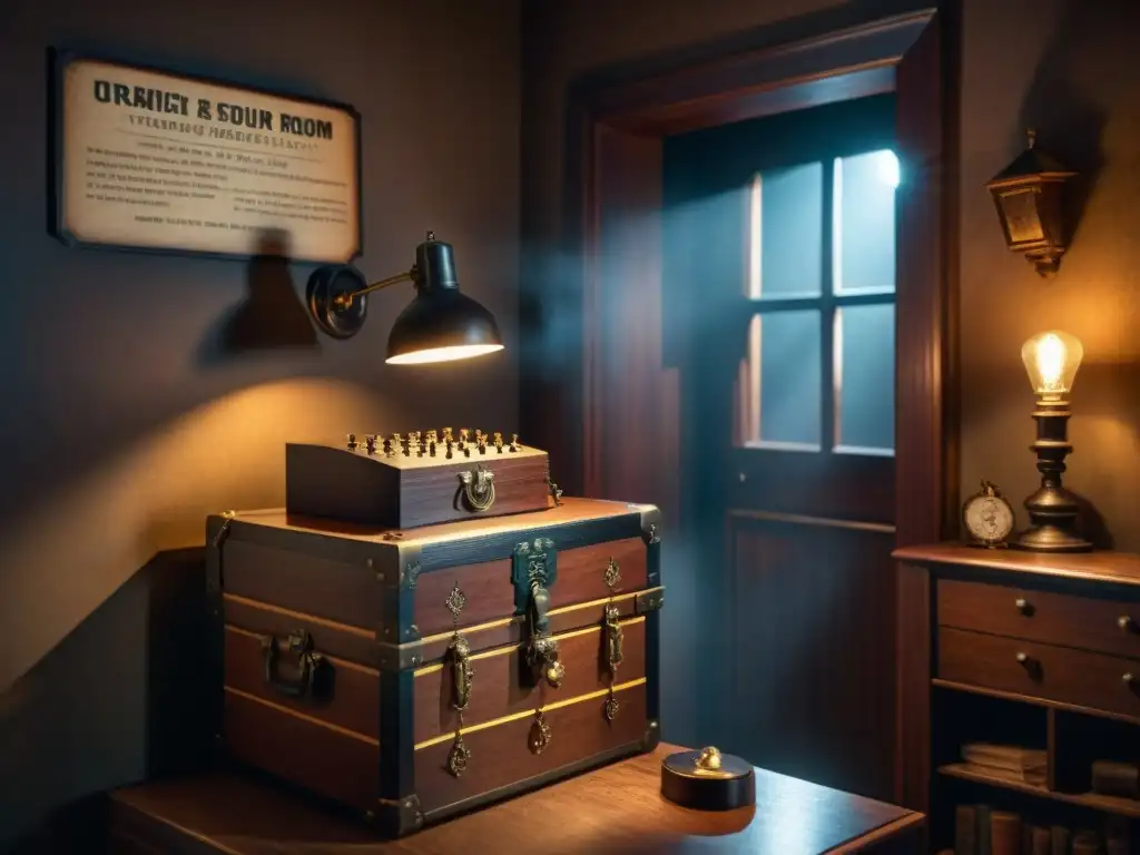 Escape Room de Misterio Perfecto: Escena intrigante con cofre iluminado, llaves antiguas y notas crípticas en habitación sombría