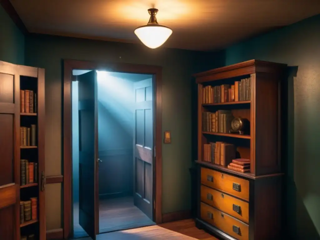 Escape Room de Misterio Perfecto: Sala oscura con muebles vintage, estantería de libros misteriosos, lámpara titilante y cofre antiguo