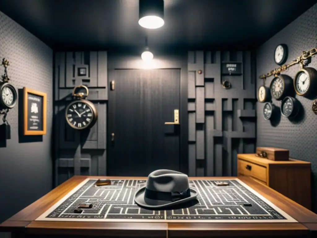 Escape room de misterio con puzzles, sombras y un sombrero de detective vintage, creando un ambiente lleno de adrenalina