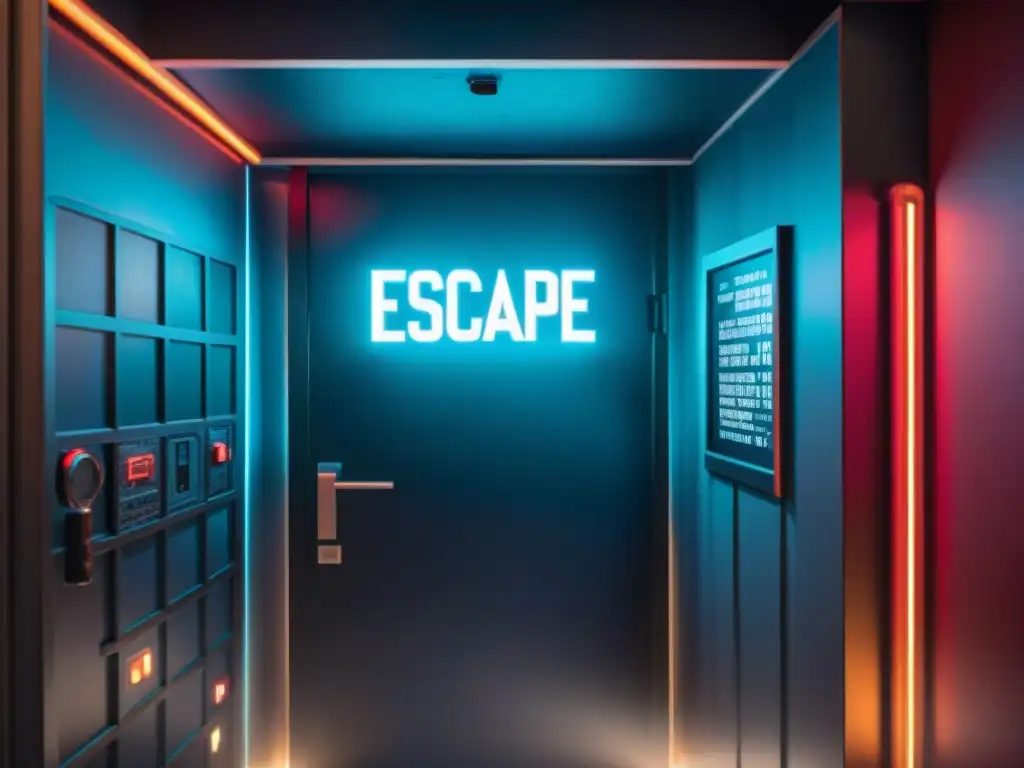 Escape room de misterio tecnológico en ciudad futurista noir con sombras dramáticas y luces de neón, grupo resolviendo intrincados acertijos