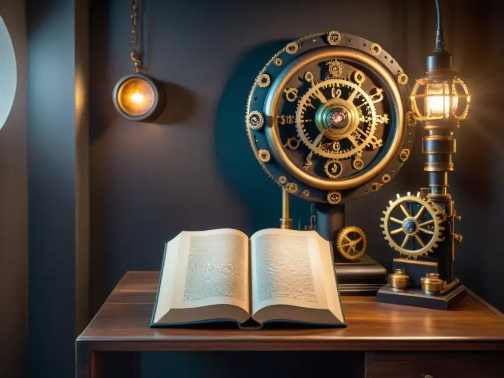 Escape room de misterio tecnológico con elementos steampunk en blanco y negro, lleno de gadgets y atmósfera intrigante