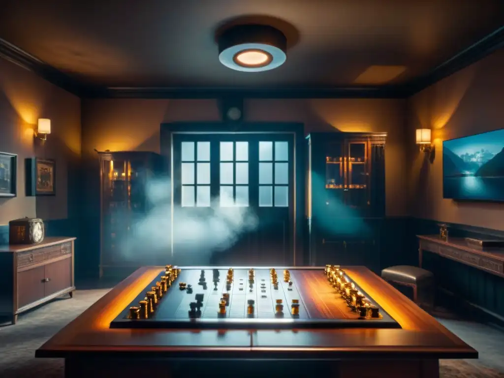 Escape room de misterio tecnológico con gadgets futuristas y muebles vintage en una atmósfera de suspense