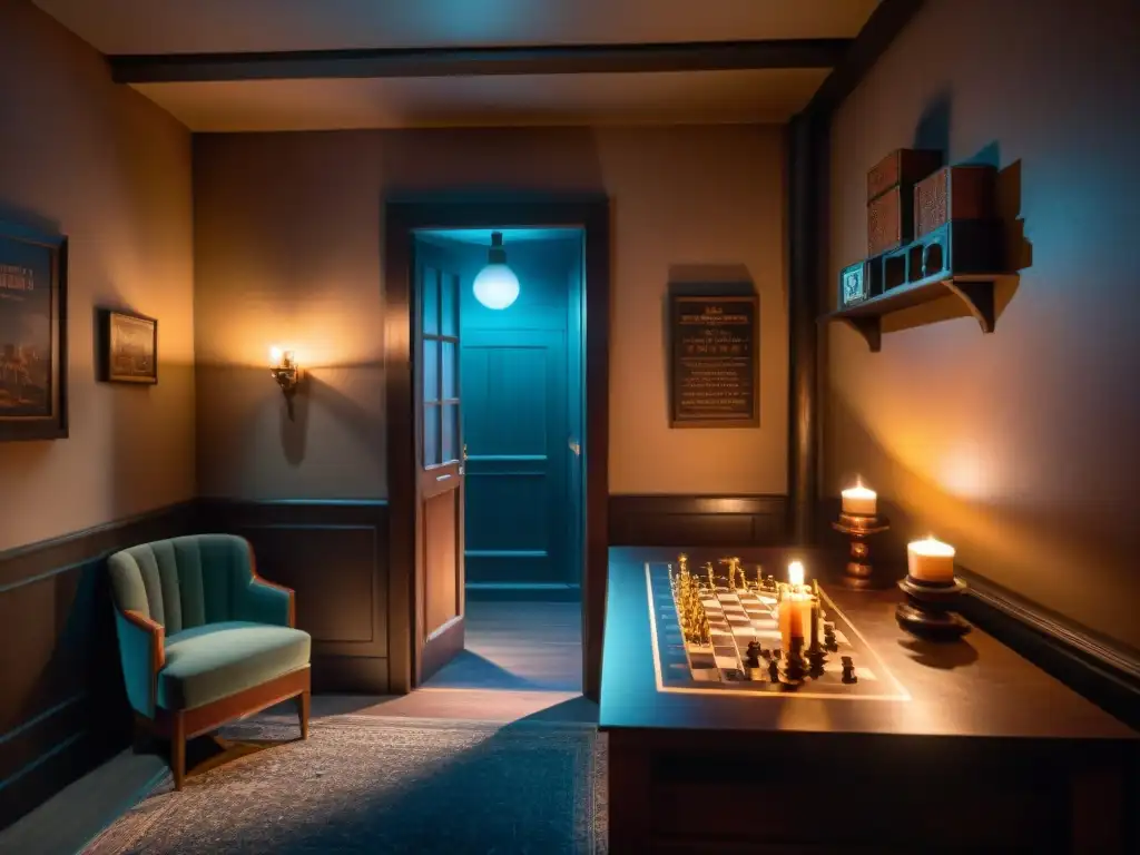 Escape room misterioso con ambiente vintage y enigmas, muebles antiguos, velas y sombras