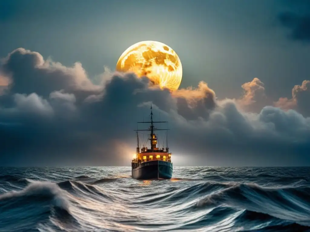 Escena de alta mar en la noche con un barco solitario navegando en aguas turbulentas bajo la luna llena