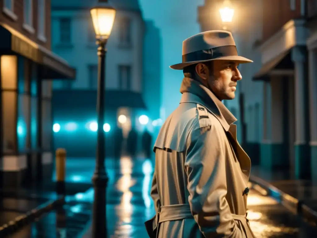 Escena de calle lluviosa y misteriosa en blanco y negro con un personaje en gabardina y sombrero, iluminado por una farola titilante