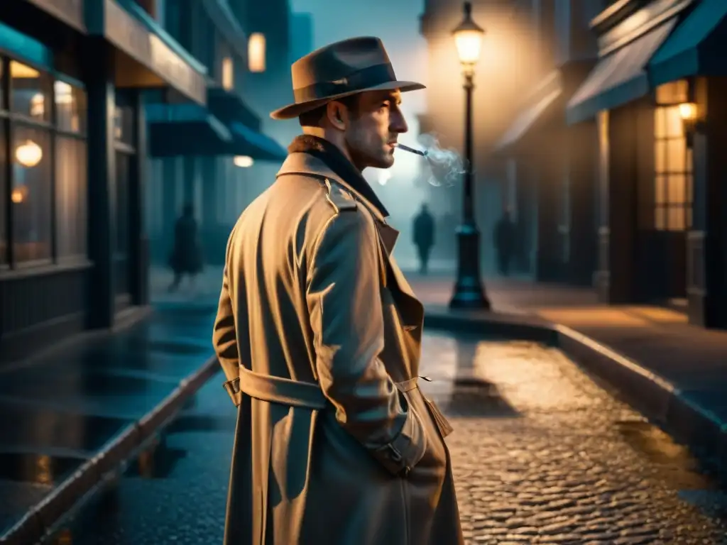 Noche misteriosa: figura en la sombra bajo farola en escena de film noir Escena de calle sombría con luz de farola, figura misteriosa bajo la luz fumando un cigarrillo, evocando un misterio psicológico adaptado al cine
