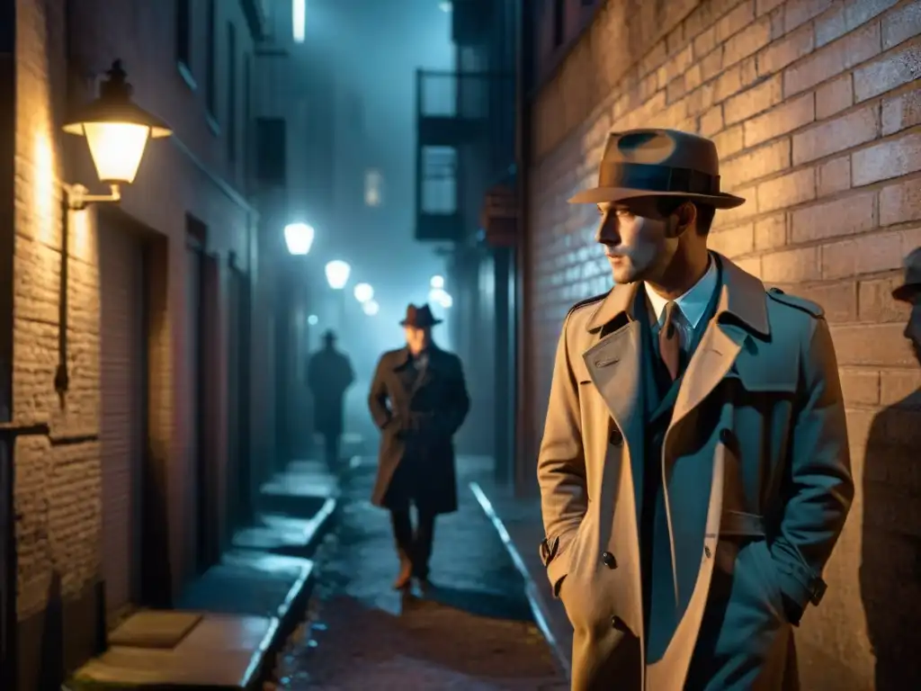 Escena noir de un callejón nocturno iluminado por farola, con figura misteriosa, evoca género detectives