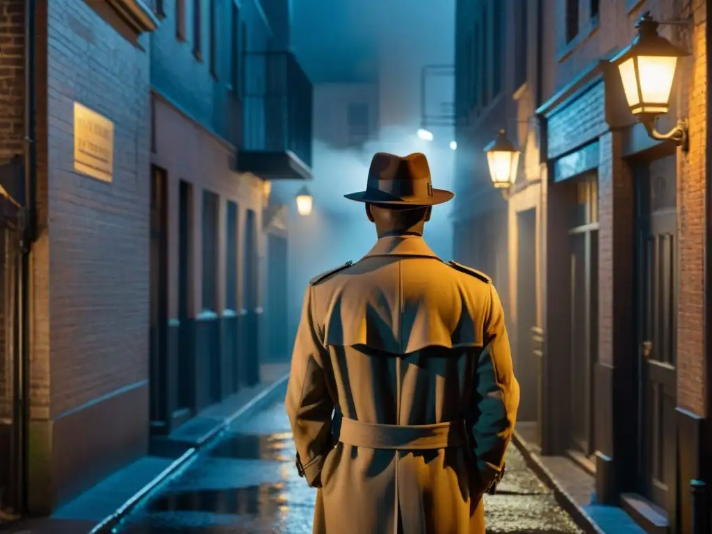 Escena de thriller noir en callejón oscuro, con uso de sombras en thriller