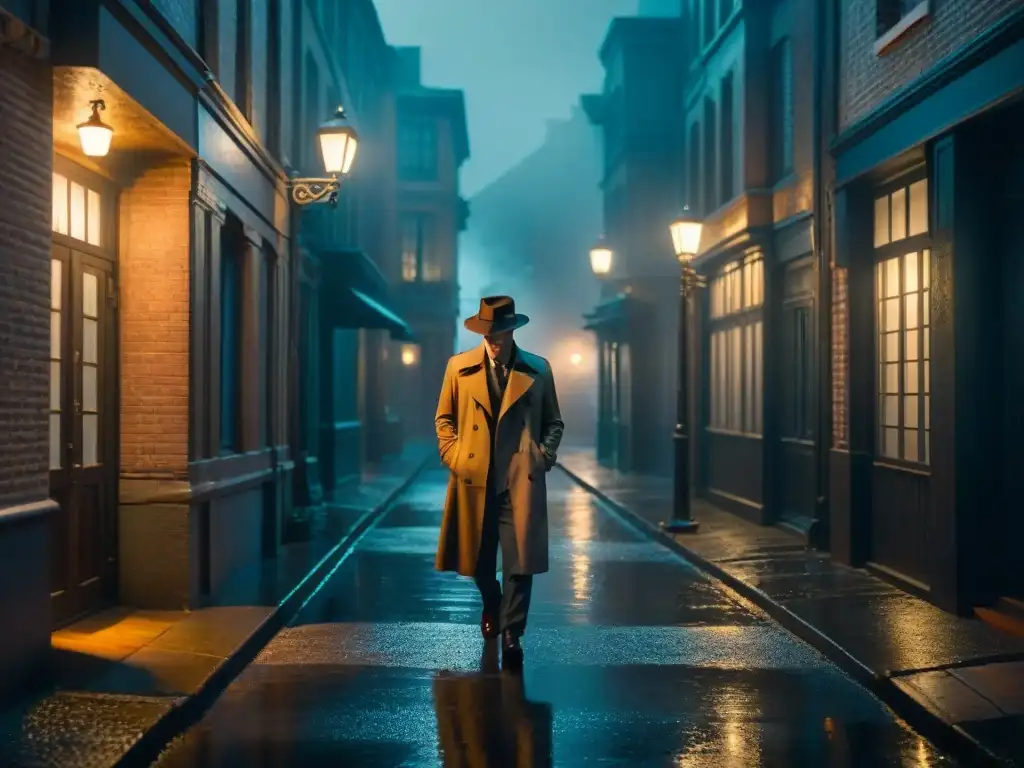 Escena de cine noir con un auto vintage bajo la lluvia en un callejón oscuro