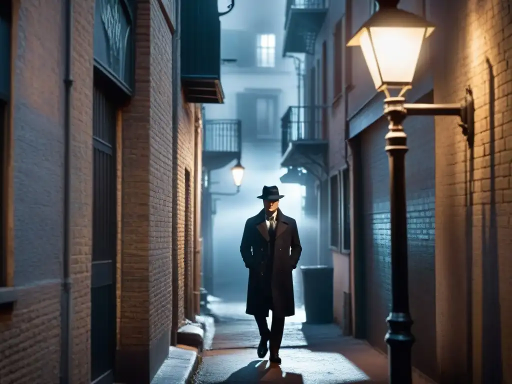 Escena de cine detectivesco en blanco y negro, con un detective misterioso bajo la luz, evocando el éxito del cine detectivesco actual