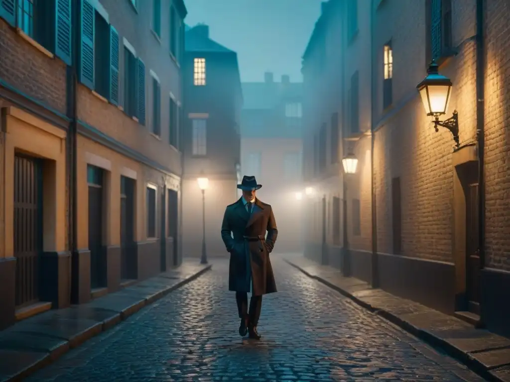 Escena de cine noir: Callejón nocturno iluminado por farola con sombras misteriosas