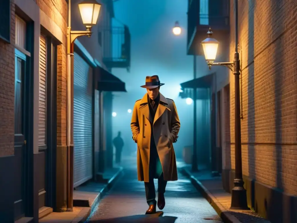 Escena de cine noir en un callejón oscuro por la noche, con sombras alargadas y figuras misteriosas; uno con papel prensa en detectives fumando