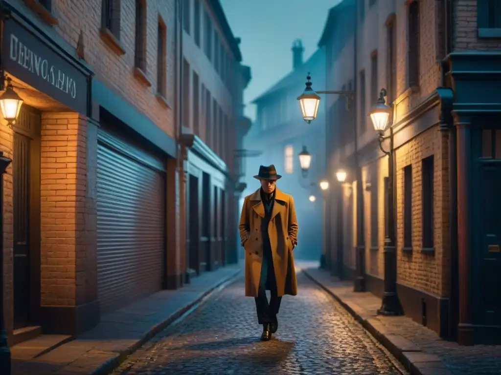 Una escena de cine noir: un callejón sombrío con figuras misteriosas entre las sombras y una tenue luz de farola al fondo