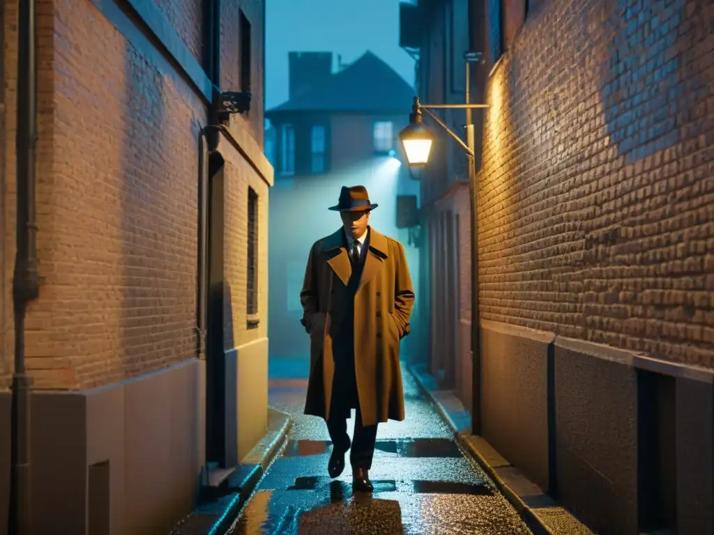 Escena de Cine Noir en Color análisis: misterio y sombras en un callejón iluminado por una lámpara de calle solitaria