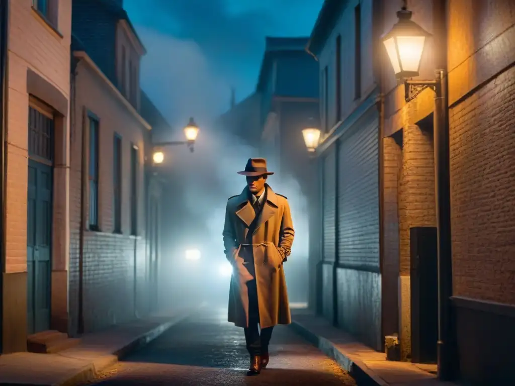 Escena de cine noir con detective en un callejón nocturno, iluminado por farola vintage