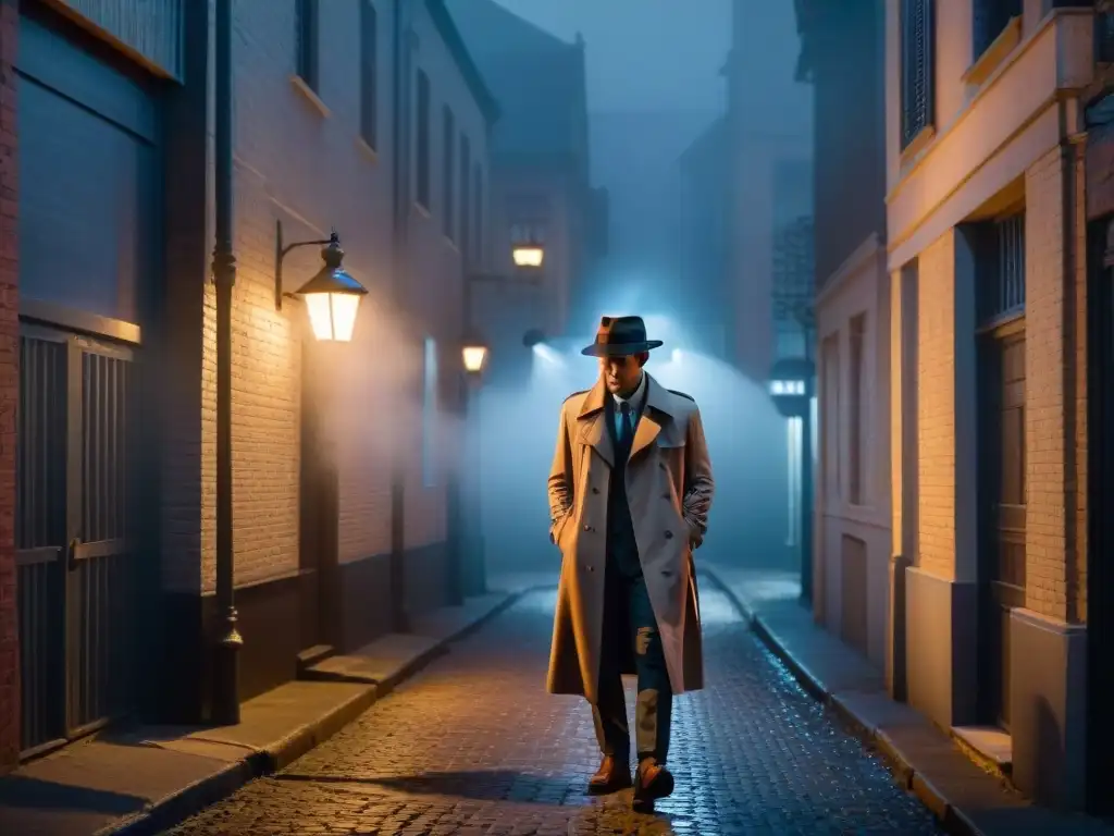 Escena de cine noir: detective fumando en callejón oscuro, figura misteriosa, niebla