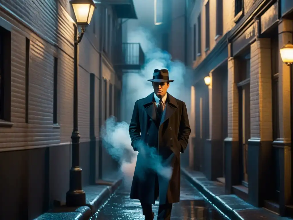 Escena de Cine Noir: un detective con sombrero en un callejón oscuro