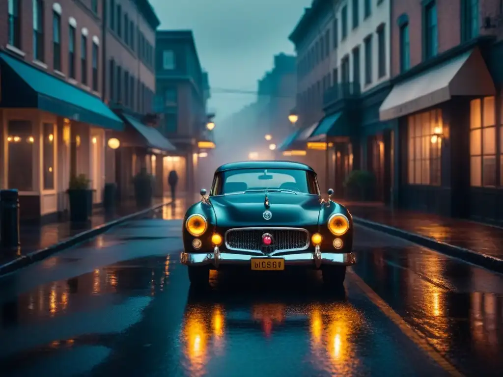 Escena de cine noir: calle lluviosa y oscura, coche vintage bajo letrero de neón, reflejos en pavimento mojado