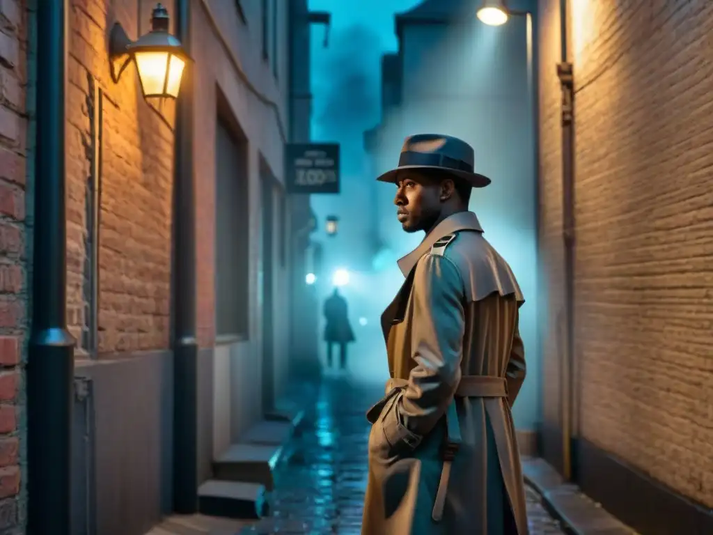 Noche misteriosa en callejón: figura en sombras Escena de cine negro en un callejón oscuro y misterioso, con un personaje en sombra