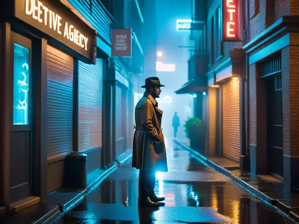 Escena de cine negro con detective bajo la lluvia en un callejón, evocando los procedimentales policíacos en cine y televisión