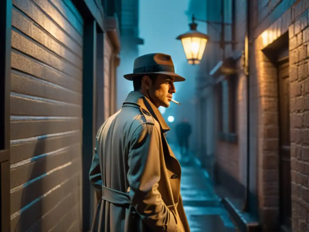 Escena de cine negro con detectives en cine y TV en un callejón oscuro bajo la lluvia, figura misteriosa fumando