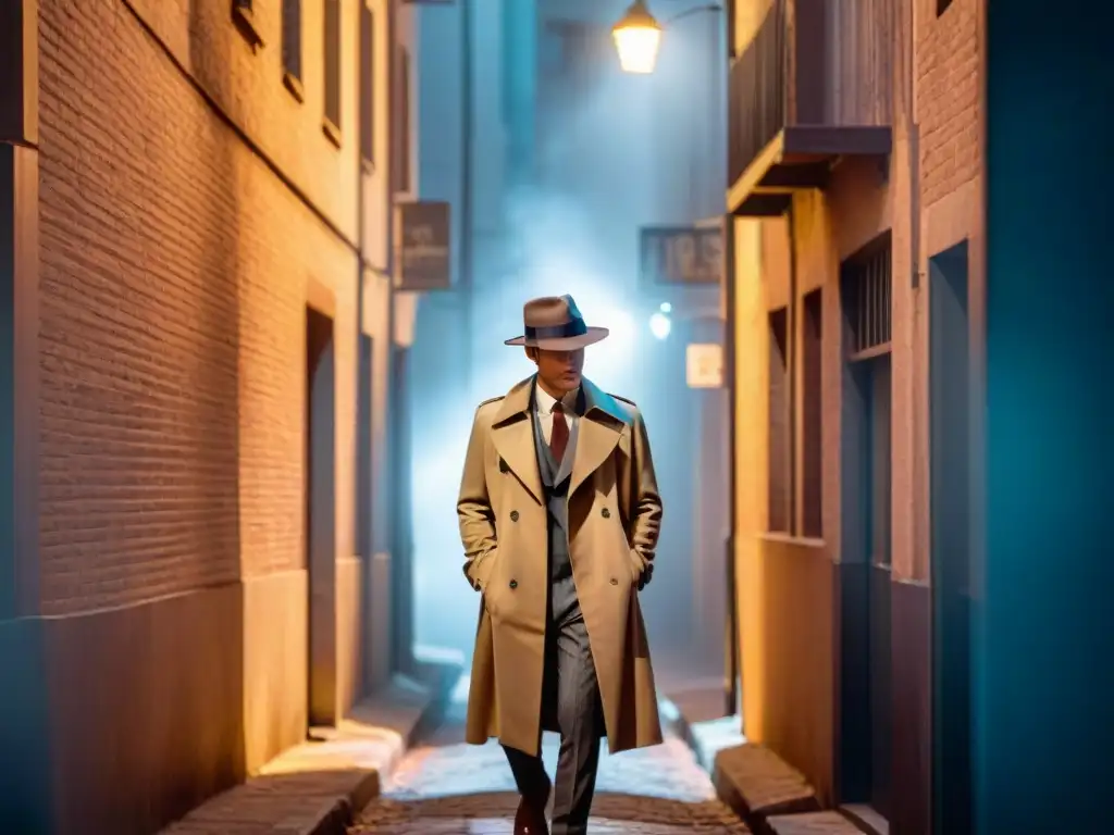 Escena de cine negro con figura misteriosa en un callejón nocturno iluminado por farola