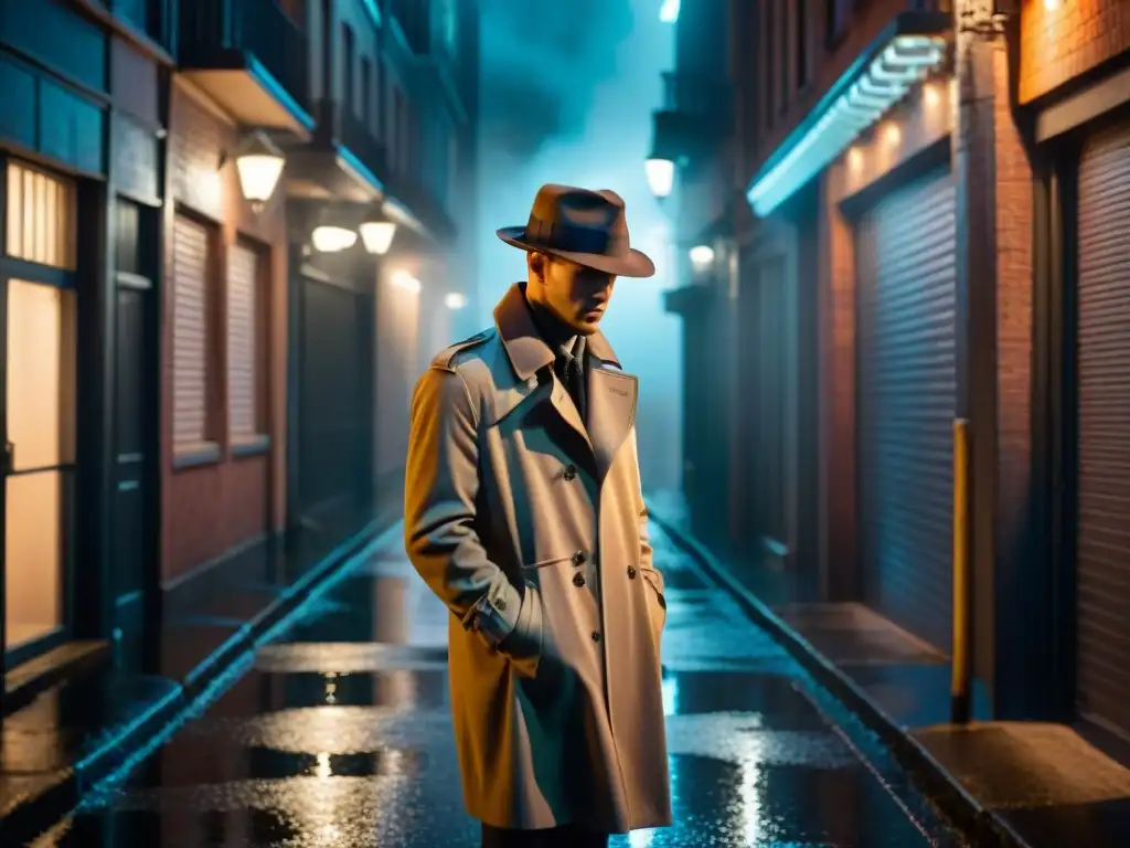 Escena de cine negro con un misterioso detective bajo la lluvia